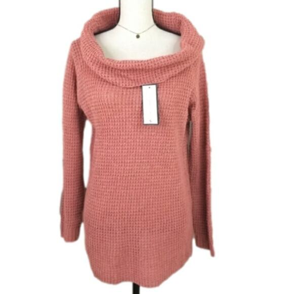 Nude Pink Chunky Cowl Off Shoulder Sweater S Boho Cozy Cabincore Neutral NEW - Picture 1 of 10